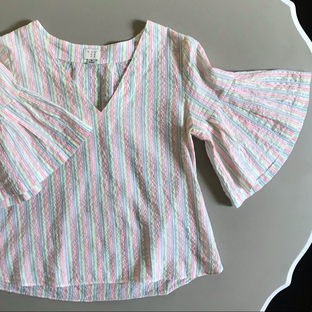 A NEW DAY Seersucker Ruffle Bell Sleeve Metallic Sparkle Neon Striped Blouse - Picture 5 of 9
